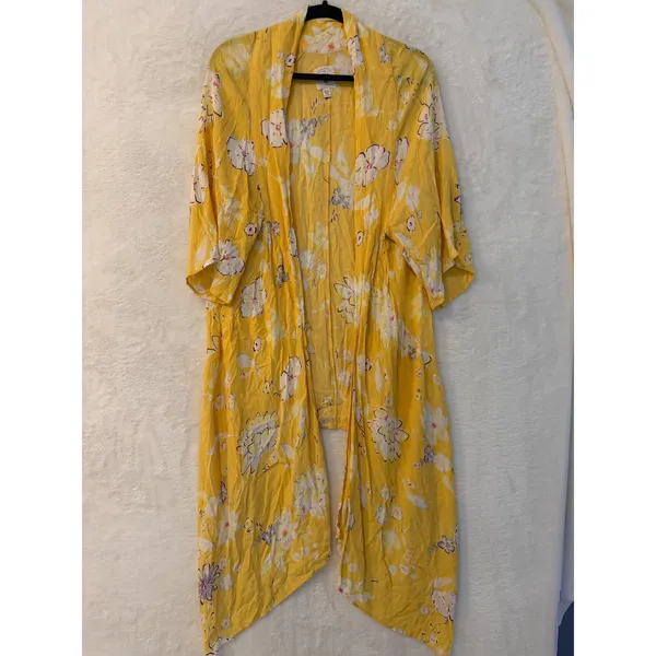 Billabong Yellow Floral Kimono Cardigan Duster Womens S/M Rayon Boho Cover Up - Image 7