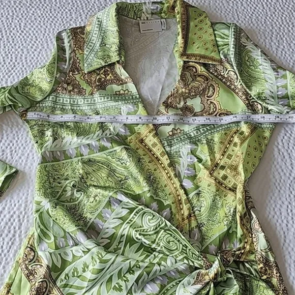 ASOS DESIGN -1014 heavy‎ satin wrap knot front romper green paisley size 4 - Image 12