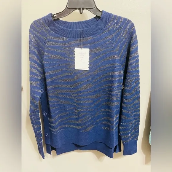 Stella & Dot NEW Women’s Side Button Sweater Navy Blue Zebra‎ Metallic Size M - Image 3