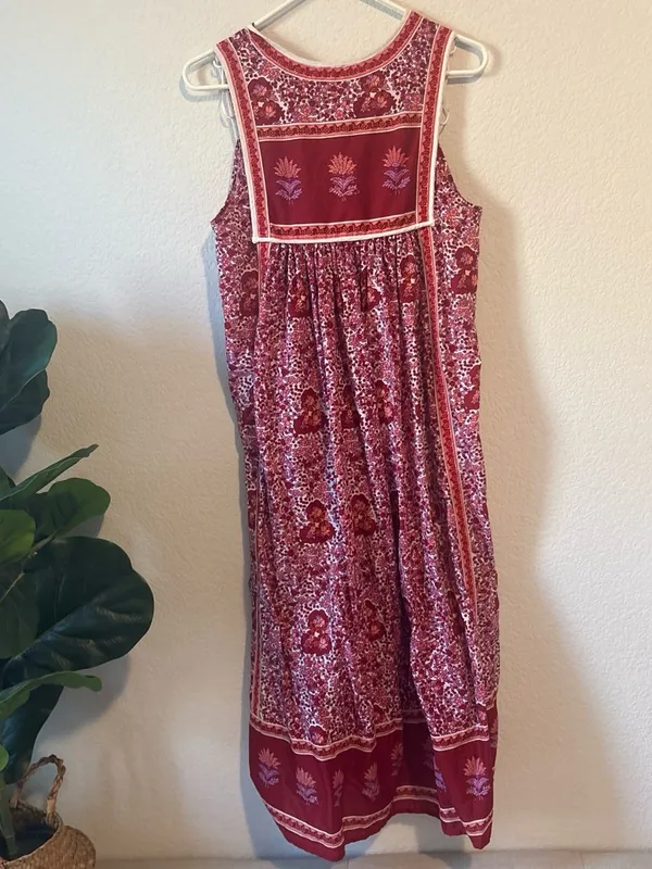 Red pink Floralbl boho Midi Dress with white Trim XS/S - Image 5