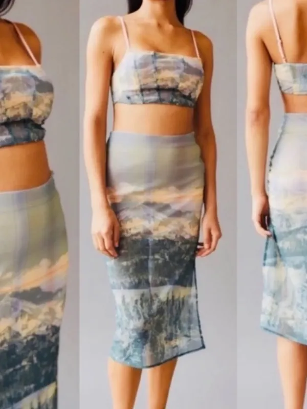 UO Landscape Print Awkward Mesh Midi Skirt NWOT - Image 2