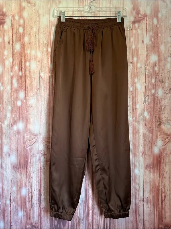 Allegra K Coffee Brown Drawstring Elastic Waist Tassel Satin Jogger Pants Sz XS - Image 2