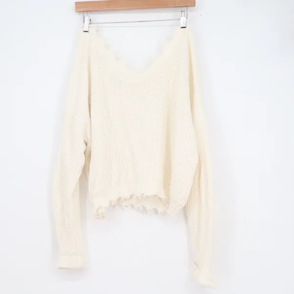 Jessica Simpson Womens XL Cream Cotton Distressed V-Neck Shaker Knit Sweater - Image 4