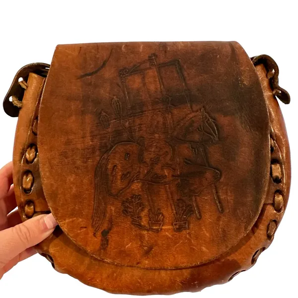 Vintage Boho Coastal Cowgirl Leather Hand Tooled Saddle Bag With Braided Strap - Image 7