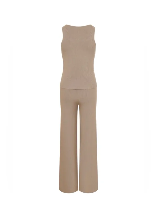 Knit 2 Piece Set Gold Button Vest Top Wide Leg Pants Chic Lounge Outfit M - Image 4