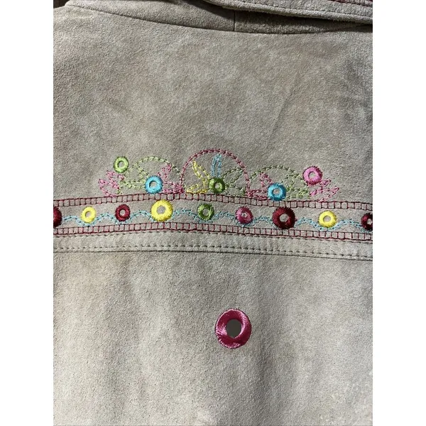 Chico’s 1 Medium Tan Suede Leather Jacket Embroidered Bling Jean Vtg cottage - Image 5