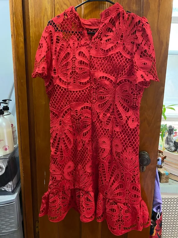 Red Hollow Out, Lace Short Sleeve Dress Size XL - Image 4
