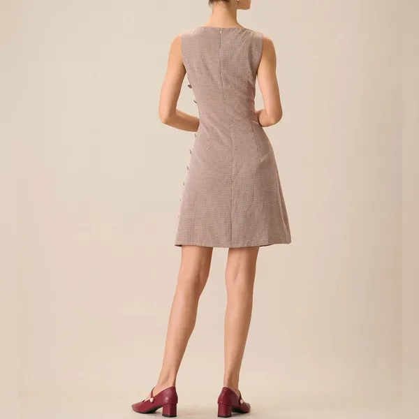 Rihoas Women's Boat Neck Brown Plaid Mini Dress - Image 4