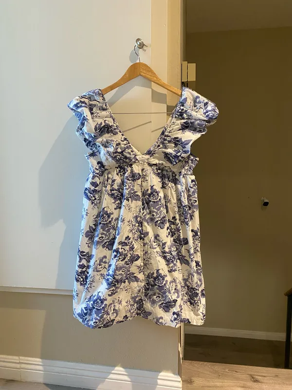 O.P.T blue and white floral mini dress, cotton, lined, size M - Image 4