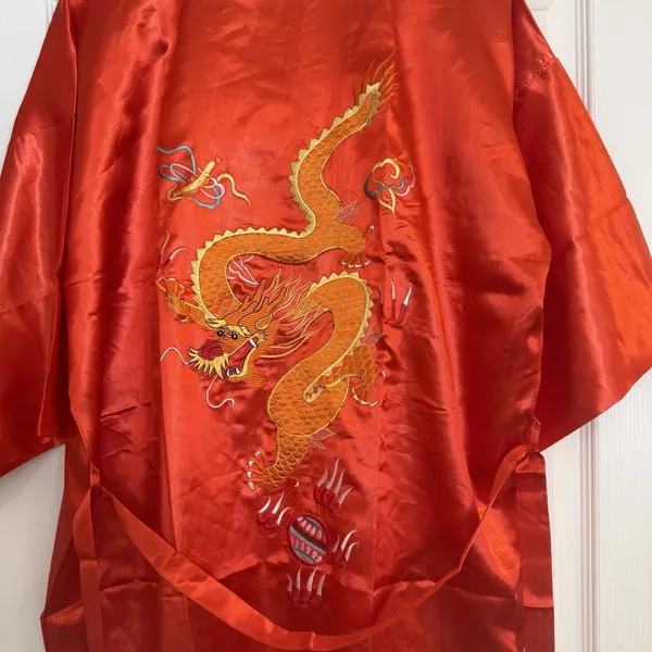 VTG Golden‎ Dragon Kimono Sz XL Red Silk Embroidered Oriental Chinese New Year - Image 5
