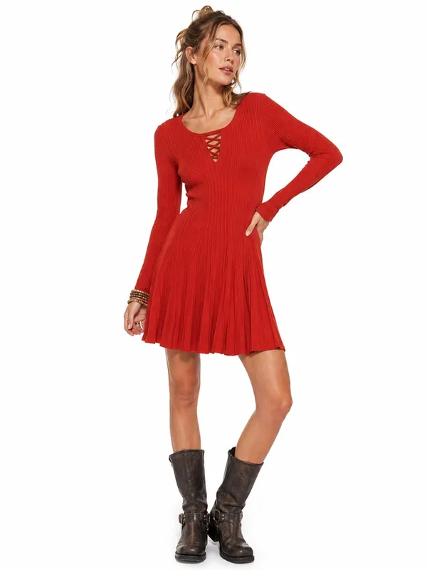 NEW Cato Juniors Large Red Ribbed Lace Up Fit & Flare Stretch Knit Dress - Image 2