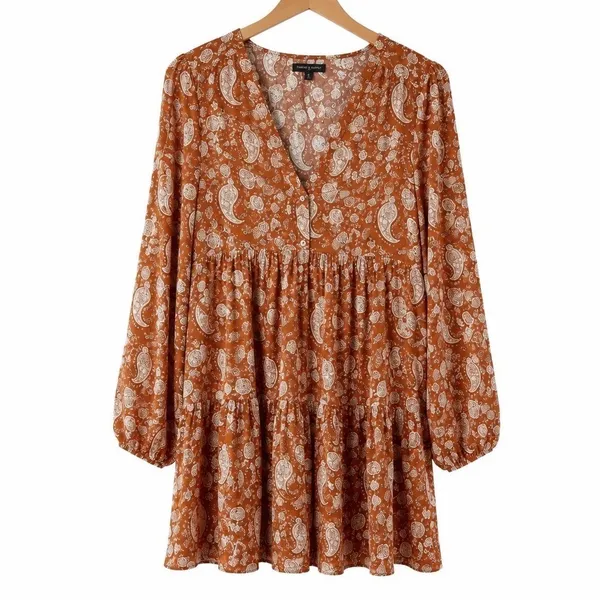 Melloday Large Pumpkin Orange Paisley Tiered Babydoll Mini Dress Dillards - Image 2