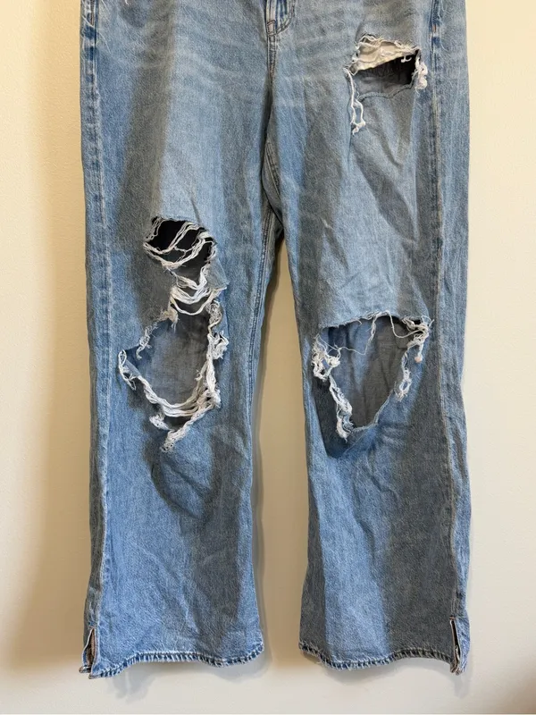 American Eagle Super High Rise Baggy Wide Leg Jeans Size 14 Regular Distressed - Image 5