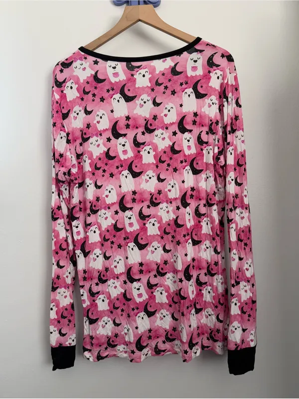 Birdie Bean‎ Large Ghost Print PJ Long Sleeve Henley Pink Black Bamboo Halloween - Image 3