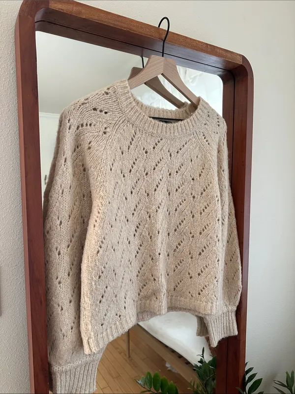 J. Crew Pointelle Crewneck Sweater Heather Cream Tan Size S - Image 2