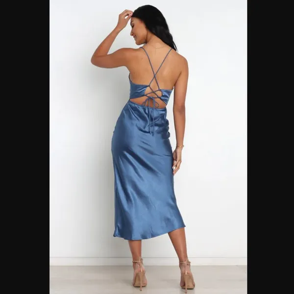 Petal & Pup Kamiya Blue Satin Strappy Back Maxi Dress 10 - Image 4
