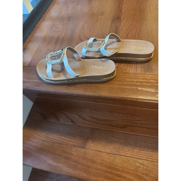 Rouge Helium White Gold Oval Buckle Slide Sandals Womens 10 Flat Summer Shoes - Image 11