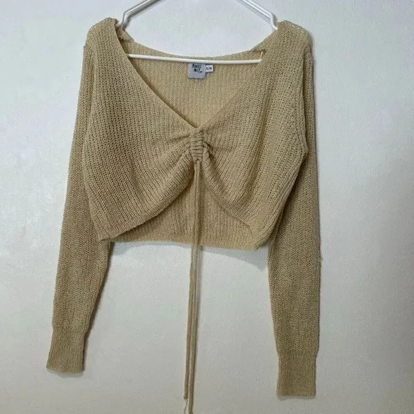 Princess Polly Ally Knit Sweater Beige Ruched Front Crop Top S/M - Image 2