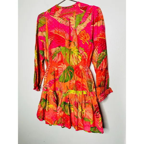 FARM RIO Pink Orange Floral Cotton A-Line Tie Waist Ombre Forest Mini Dress S - Image 15