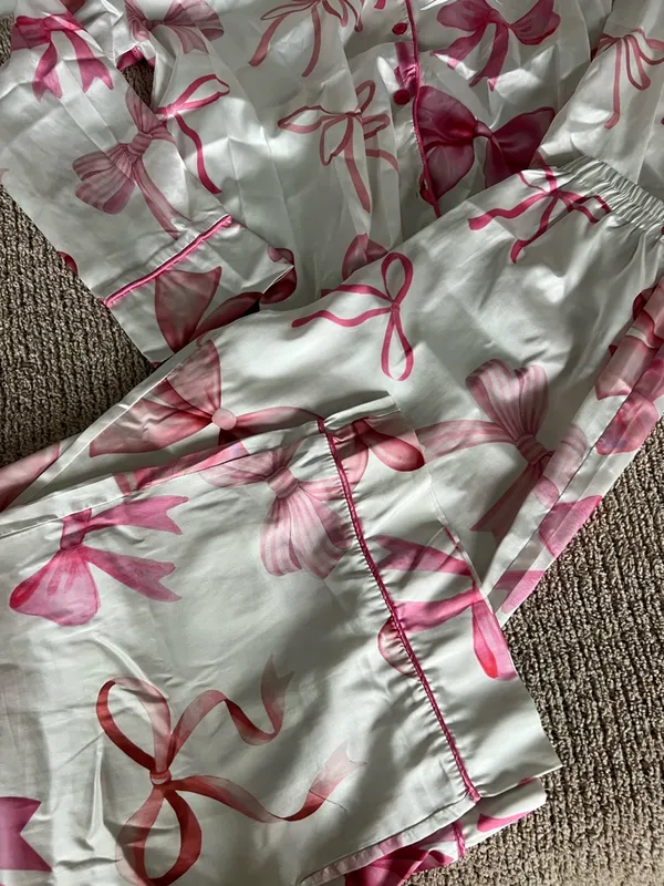 Macy's Satin Bow-Print Pajama Set - Pink - Image 4