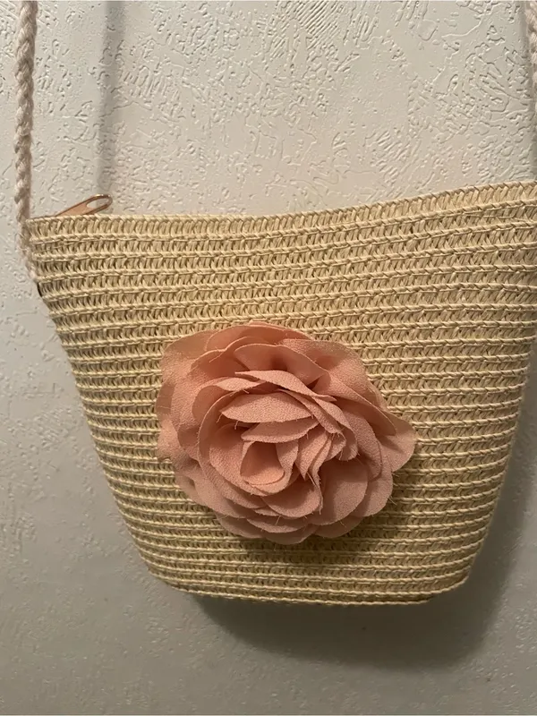 Woven Crossbody Bag with Pink Flower - Image 2
