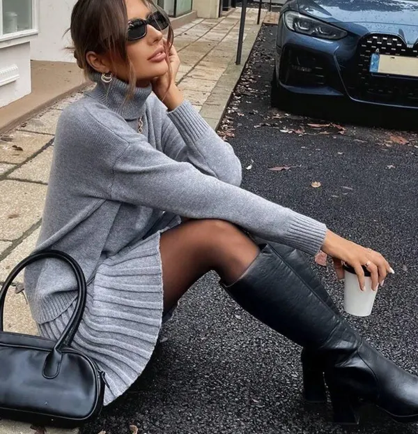 Elegant Gray Turtleneck Sweater Dress - Image 2