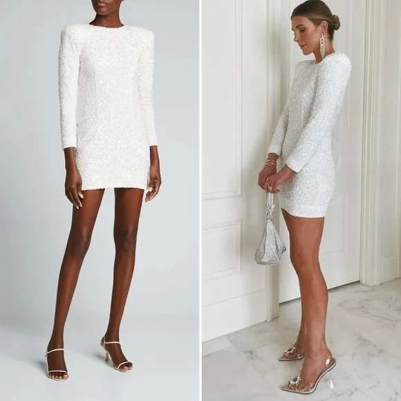 Retrofête Nikki Sequin Dress in White‎ Size XS Bridal Long Sleeve Mini - Image 2