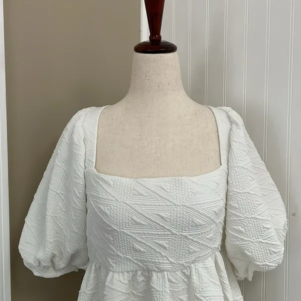 FREE PEOPLE Violet Puff Sleeve Tie Back Babydoll Mini Dress in White Size M (?) - Image 7