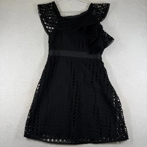 Gianni Bini Black Eyelet Lace Asymmetrical Ruffle Mini Dress Size 6 LBD Skater - Image 11