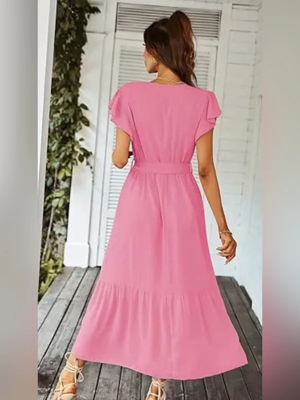 Prettygarden pink boho flowy Maxi wrap dress V Neck short Ruffle sleeve NWT SM - Image 3