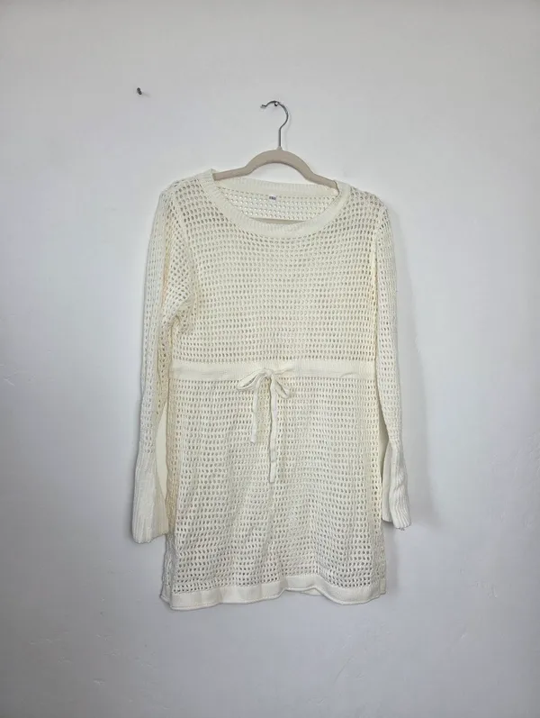 Ivory Cream Loose Knit Swim Cover Up Long Sleeve Sheer Cottagecore Beach Boho L - Image 5