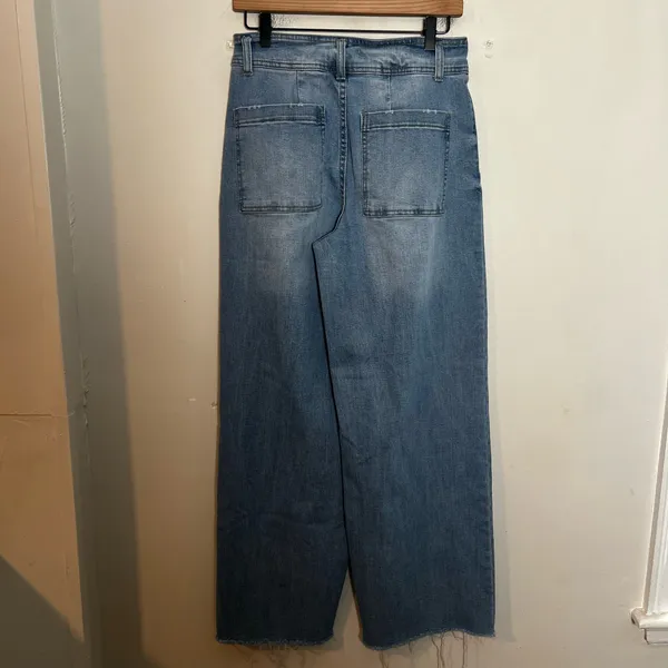 OAT NEW YORK- High Rise Wide Leg Jeans Blue Denim Powder Light Wash Raw Fray Hem - Image 6