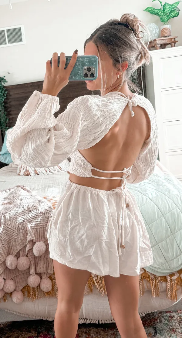 Free People Cream Open Back Longsleeve Romper - Image 5