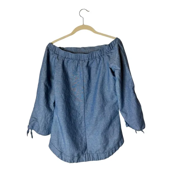 Free People Shirt Women XS Blue Off‎ The Shoulder Chambray Tie Cuff Top Boho - Image 4