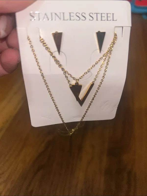 Stainless Steel Gold Layered Triangle Pendant Necklace & Earrings Women Jewelry - Image 2