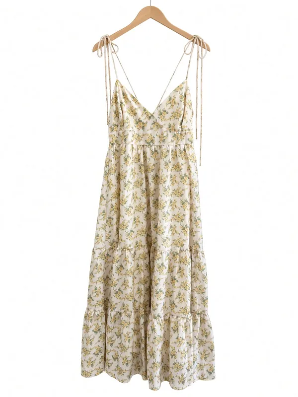 Floral print double self tie spaghetti strap tiered midi dress. Medium - Image 7
