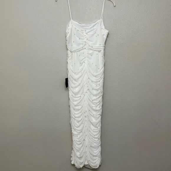 NEW Lulus Toast to Romance White Ruched Pearl Bodycon Midi Dress Sz LARGE - Image 13