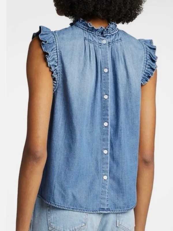 Frame Denim Joanie Top Sleeveless Ruffle Blue Size S - Image 2