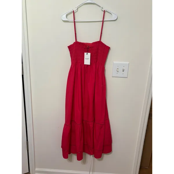 Tuckernuck o.p.t. Smocked‎ Midi Dress Tiered Sundress Casual Summer Pink Size S - Image 2