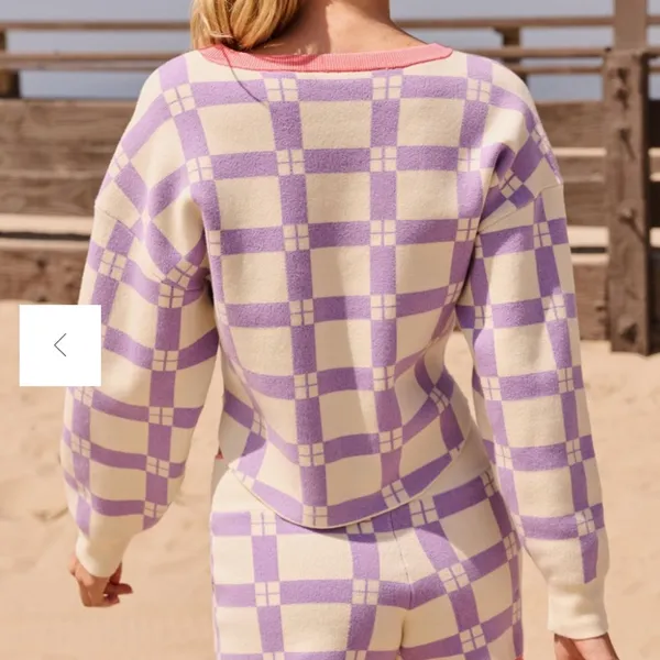 Anthropologie Daily Practice Plaid Purple & White Long-Sleeve Cropped Sweater M - Image 2