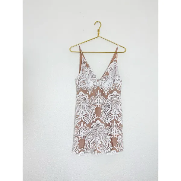 Free People Lace Night Shimmers Mini Dress Size 4 White Sequin Ivory Bridal - Image 4