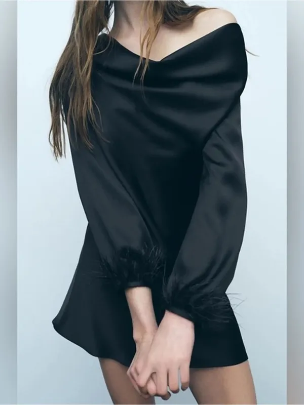 Zara Satin Effect Feather Detail Dress - Image 2