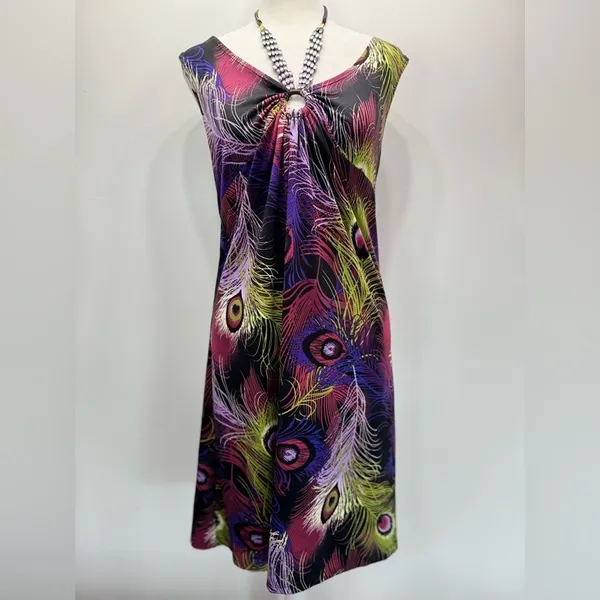 Peacock Feather Shift Dress with Embellished Neckline Sleeveless Size Medium - Image 6