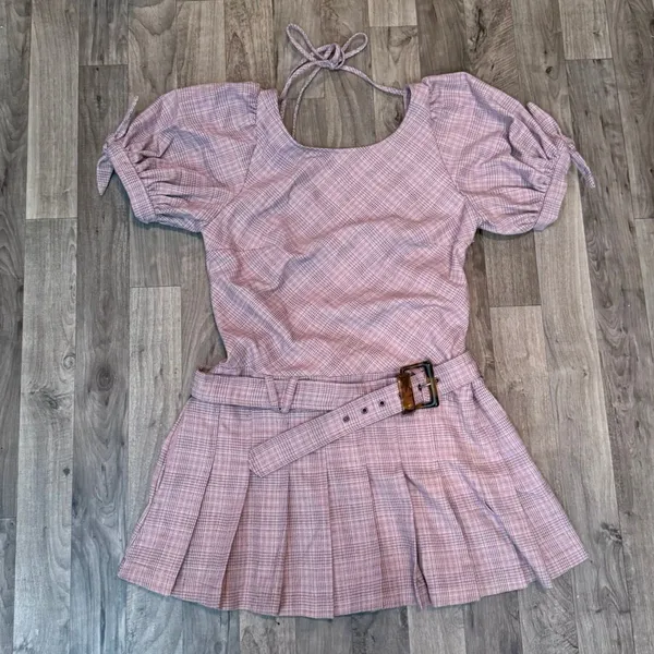 NWOT Free People Sevi Plaid Belted Puff Sleeve Drop Waist Mini Dress Size M - Image 3