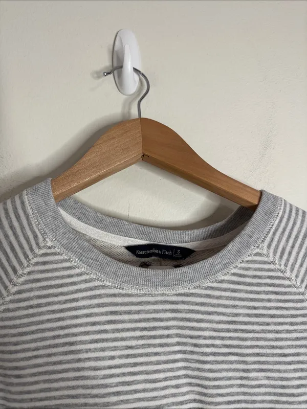 Abercrombie & Fitch Gray White Fine Striped Crewneck Sweatshirt Lace up back S - Image 3