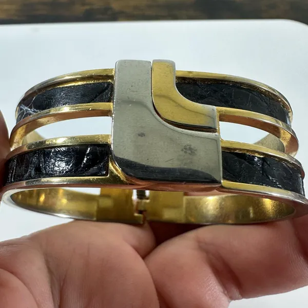 Loewe Gold Tone Black Leather Hinged Bangle Cuff Bracelet 7in Logo Designer - Image 14