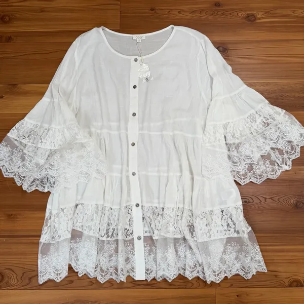 Oddi White Lace Tunic Blouse Boho Tiered Bell Sleeve Button Down Plus Size 1X - Image 4
