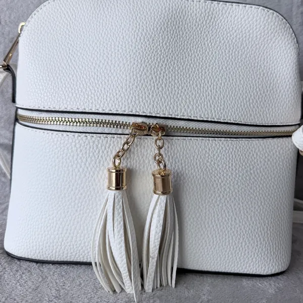 Crossbody Bag Women Medium White Tassel Zip Minimalist Pebble Grain Girly Casual - Image 3
