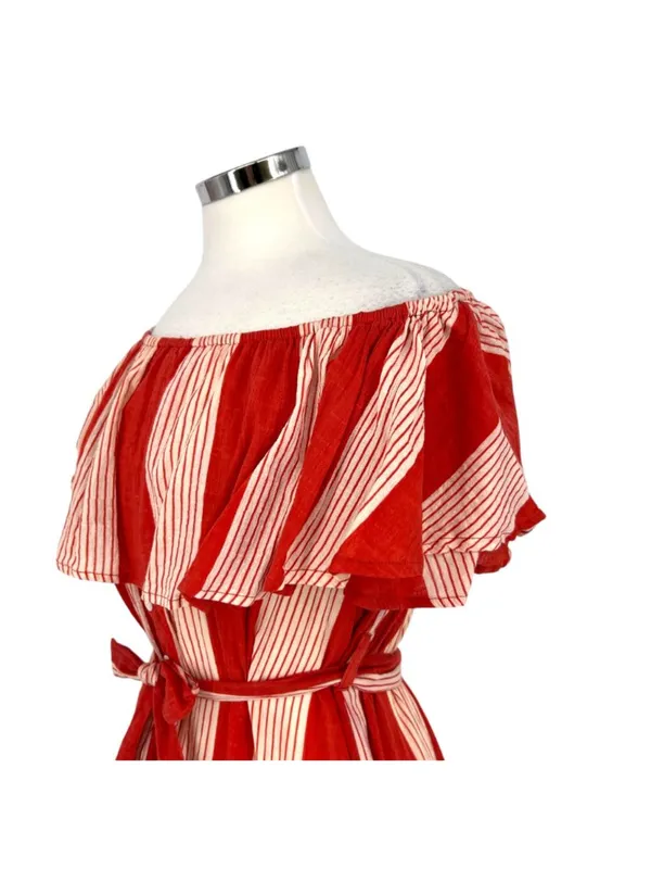 Faithfull The Brand Amalfi off-Shoulder Rust Red Striped Mini Dress Size Small - Image 4