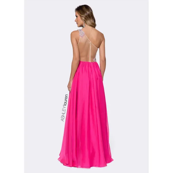 ASHLEYLAUREN Hot Pink Pleated Crystal Pearl Beaded One Shoulder Gown Size 8 - Image 2